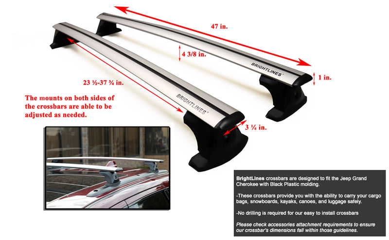 BrightLines Roof Rack Crossbars and Ski Rack Combo Compatible with 2011-2021 Jeep Grand Cherokee with Roof Black Moldings (Up to 6 pairs Skis or 4 Snowboards)