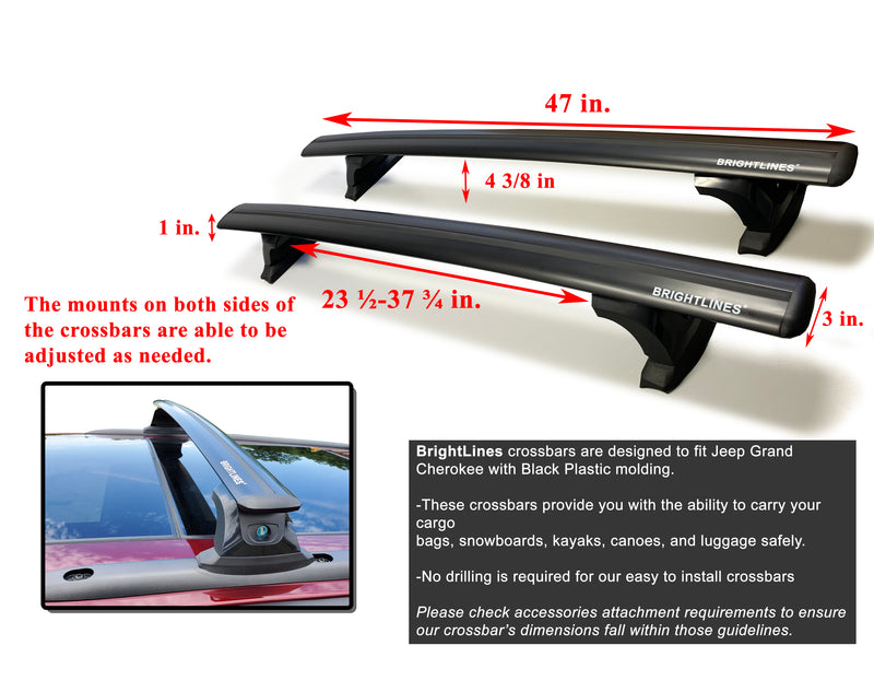 BrightLines Roof Rack Crossbars and Kayak Rack Combo Compatible with 2011-2021 Jeep Grand Cherokee with Roof Black Moldings